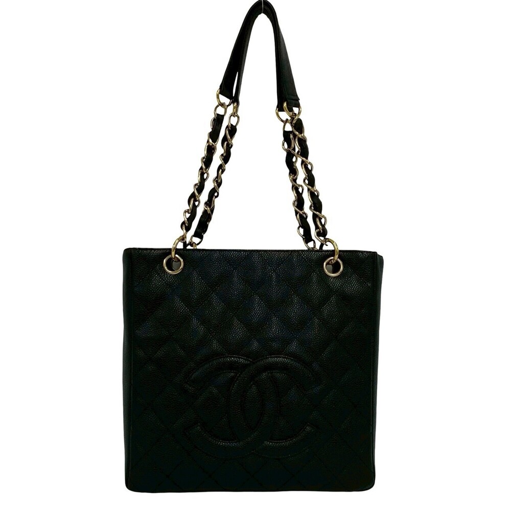CHANEL PST Coco Mark Caviar Skin Chain Tote Bag Black 46144